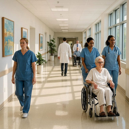 Group of medical staff walking in hospital corridor with senior woman in wheelchairの写真素材