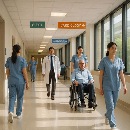Healthcare workers walking in hospital corridor with a man in a wheelchair