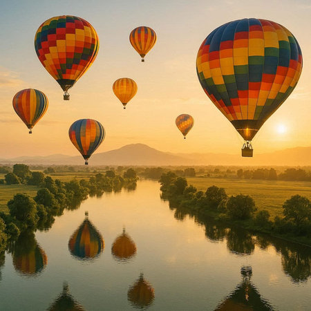 Hot air balloons flying over the river at sunrise. Aerial view.