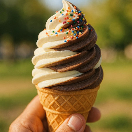 Ice cream cone in female hand on the background of the summer park
