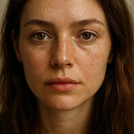Portrait of a young woman with freckles on her faceの写真素材