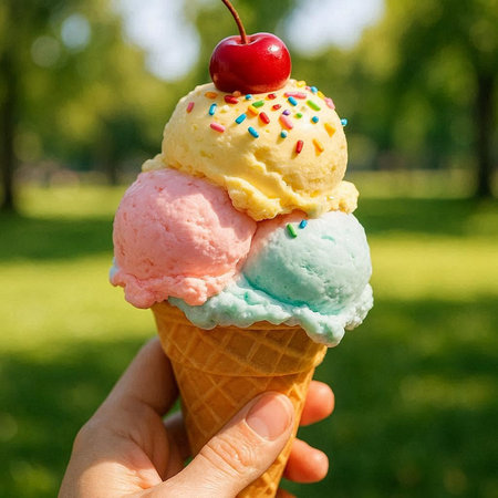 Ice cream in a waffle cone in a female hand on a background of green grass