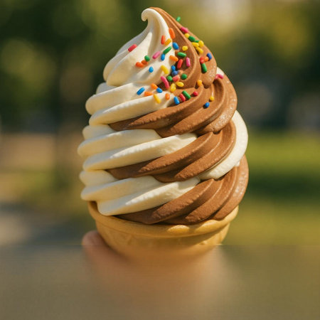 Ice cream in a waffle cup on a blurred background. Selective focus.