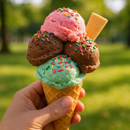 Ice cream cone in hand on green grass background. Summer dessert.