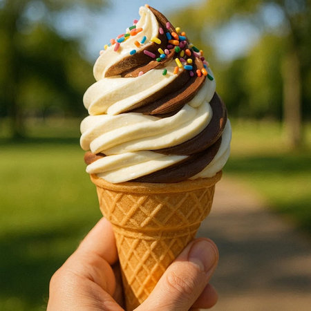 Ice cream cone in hand on the background of the summer park.