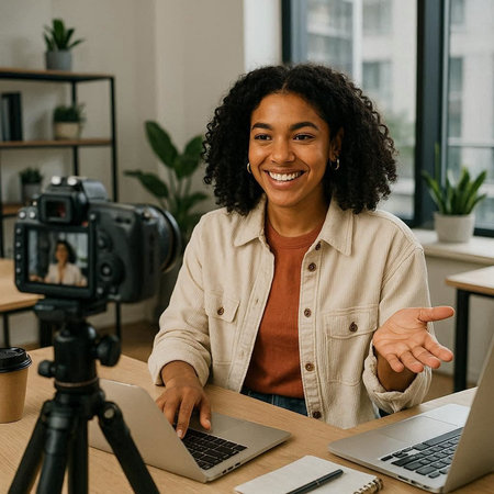 smiling african american freelancer sitting at table with laptop and talking on video camera