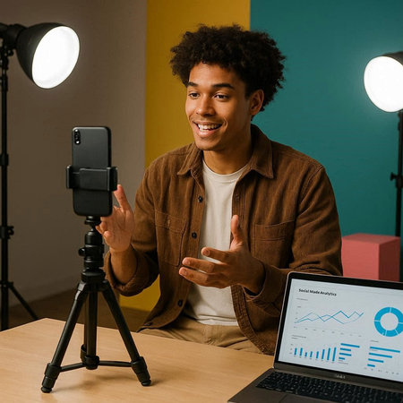 smiling african american man holding smartphone and gesturing while recording video blog