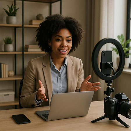 smiling african american influencer working with laptop in office