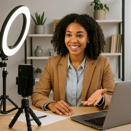 Smiling african american female vlogger recording video for her blog