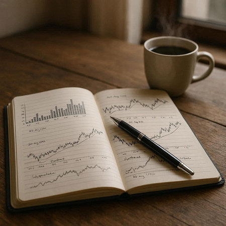 A cup of coffee and a notebook with a graph on the table
