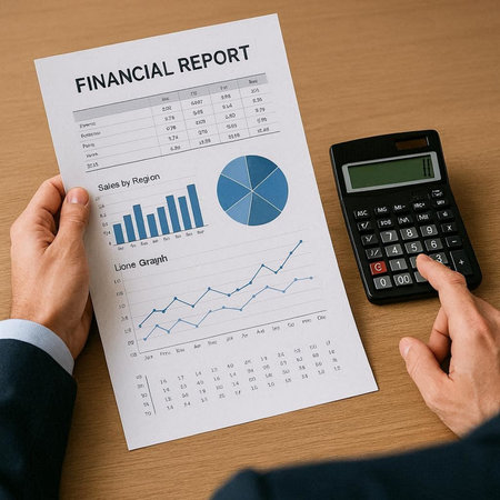 cropped view of businessman holding paper with financial report and calculator on table