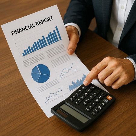 Businessman analyzing investment charts with calculator. Financial report concept. Accounting