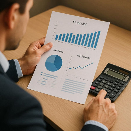Businessman analyzing investment charts with calculator. Accounting, investment and statistics...