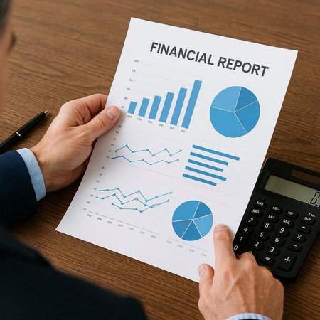 business, people, statistics and education concept - close up of male hands with calculator and...