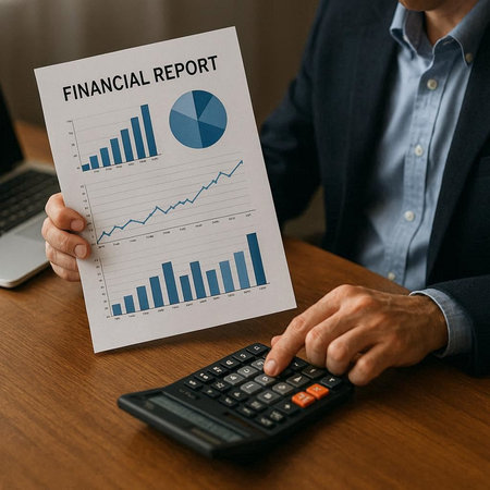 Businessman holding a financial report with a calculator on the table.の写真素材