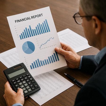 Businessman analyzing investment charts with calculator on table. Financial report concept