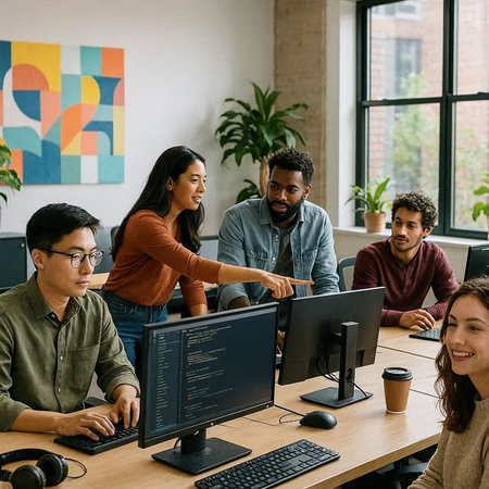 Group of diverse business people working together on computer in creative office.の写真素材