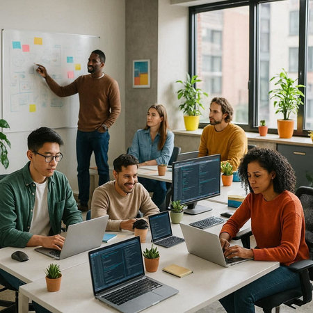 multiethnic software developers working on project together at workplace in office