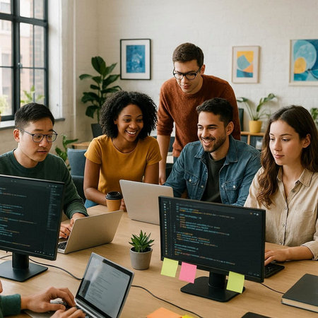 Group of multiethnic software developers working together on desktop computers in office