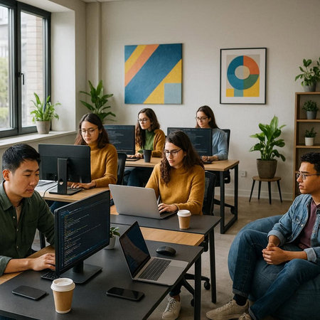 Group of diverse business people working on computers in a modern office.