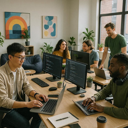 Multiethnic team of software developers working on computers while sitting at desk in office
