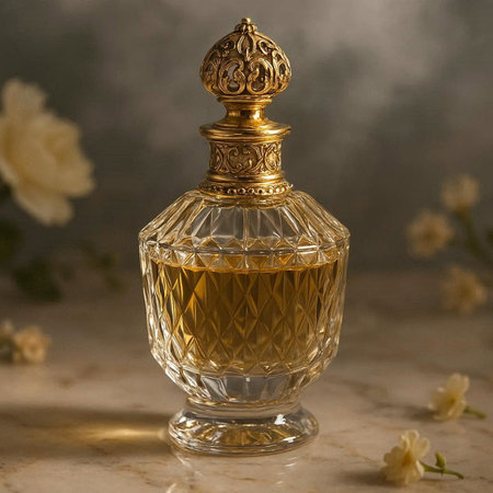Perfume bottle with white flowersle table. Luxury fragrance