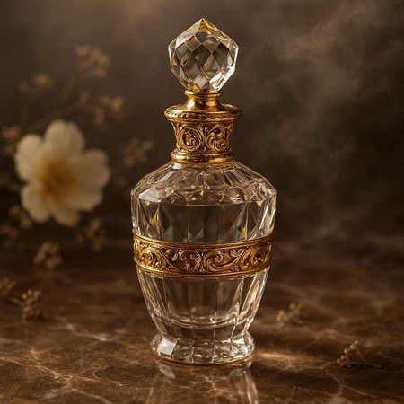 Perfume bottle with a glass of perfume on a brown background