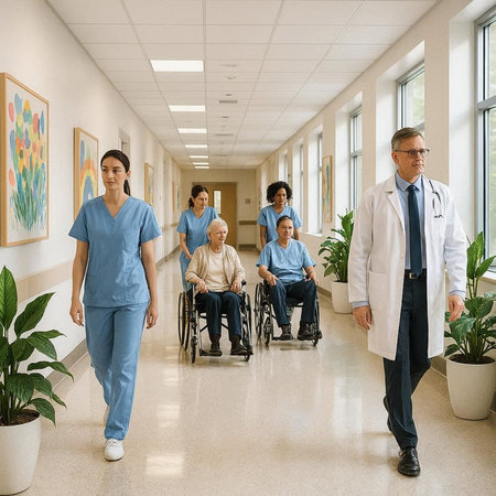 Doctor and nurse walking in hospital corridor with senior patient in wheelchair.の写真素材