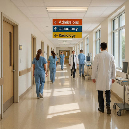 Healthcare workers walking in a hospital corridor with a sign saying STAY AT HOMEの写真素材