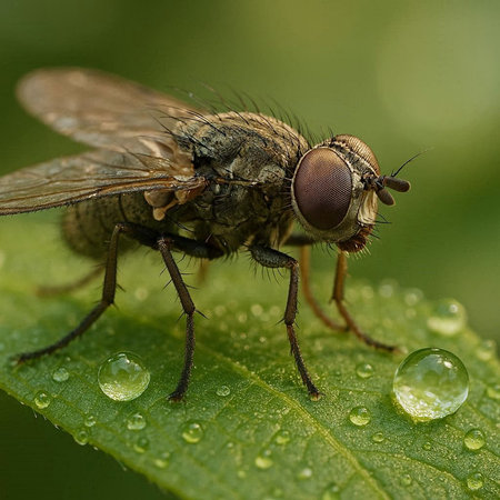 Condylostylus fly on green leaf with dew drops