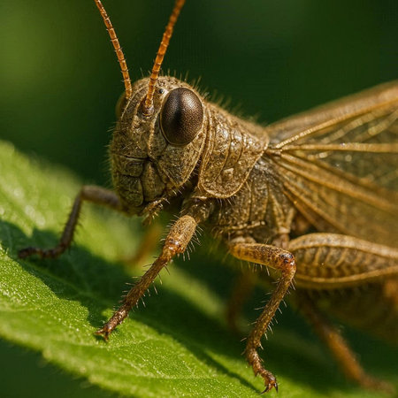 Macro shot of a grasshopper on a green leaf.