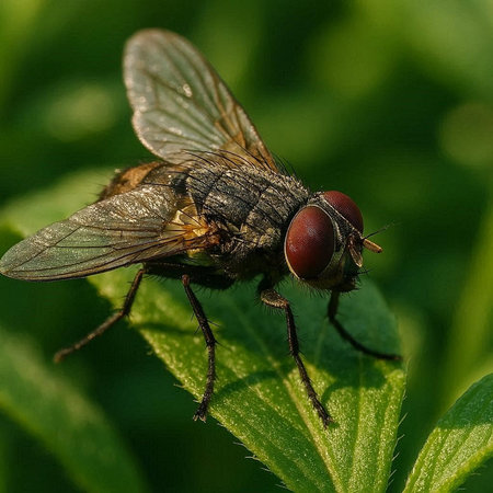 Fly on a green leaf in the garden. Close-up.