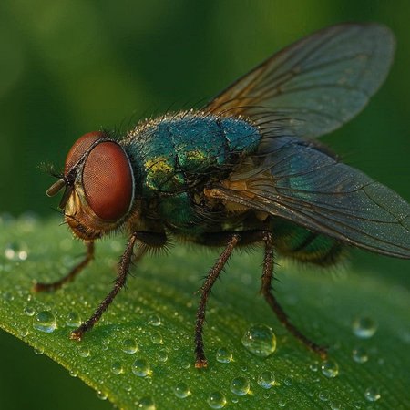 Macro photo of a fly on a green leaf with water drops