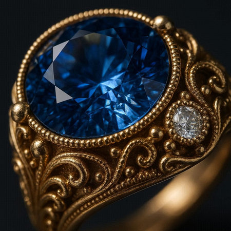 Jewelry ring with blue sapphire on a dark background