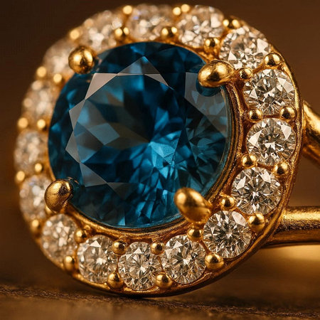jewelry ring with blue sapphire on a brown background