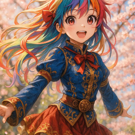 Girl with colorful hair in a blue dress. Cherry blossom.