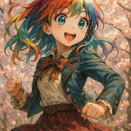 Cherry blossom and happy girl. Girl with colorful hair and blue eyes.