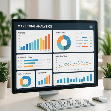 Analytics Business Data Information Statistics Concept. Modern computer screen mockup
