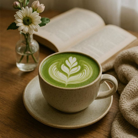 A cup of green tea latte with milk and book on wooden table