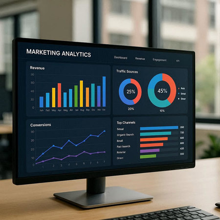 Business data analysis on computer screen. Accounting and financial report concept.