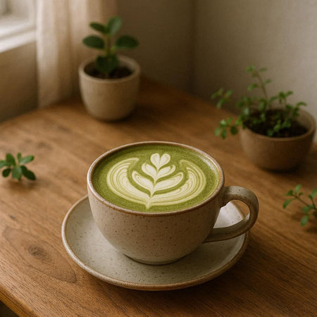 A cup of green tea matcha latte on a wooden table