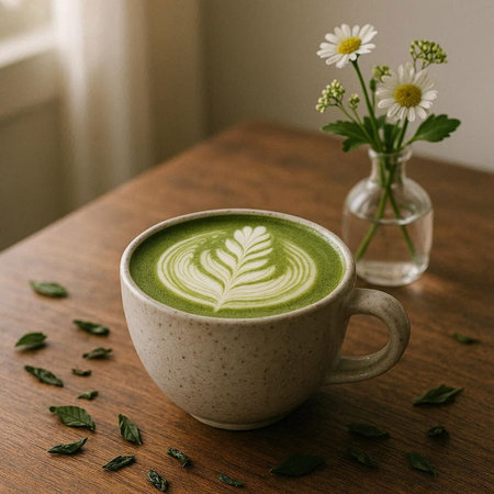 A cup of matcha latte art on a wooden table.