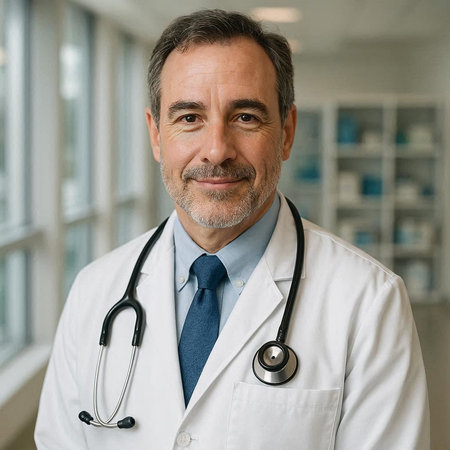 Portrait of a senior male doctor with a stethoscope.の写真素材