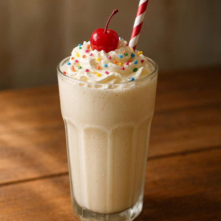 Milkshake with whipped cream, cherry and colorful sprinkles.