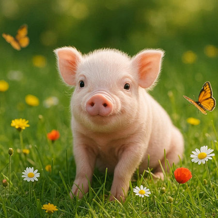 Cute little piglet on a green meadow with daisiesの写真素材