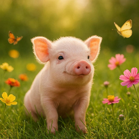 Cute little piglet on a green meadow with flowers.の写真素材