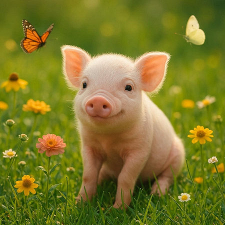 Cute little piglet on green meadow with flowers and butterfliesの写真素材