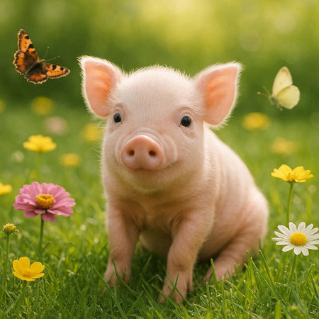 Little piglet with butterfly sitting on green grass in summer garden.の写真素材