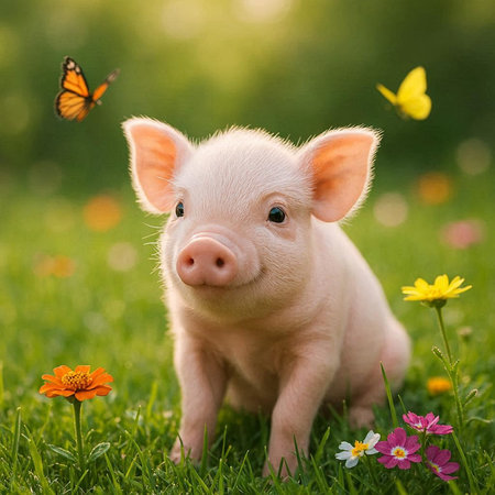 Cute little piglet on the green grass with flowers and butterfliesの写真素材