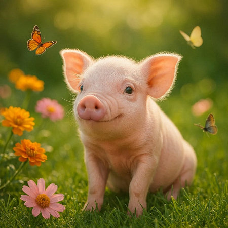 Cute little piglet with butterfly sitting on green grass and flowersの写真素材